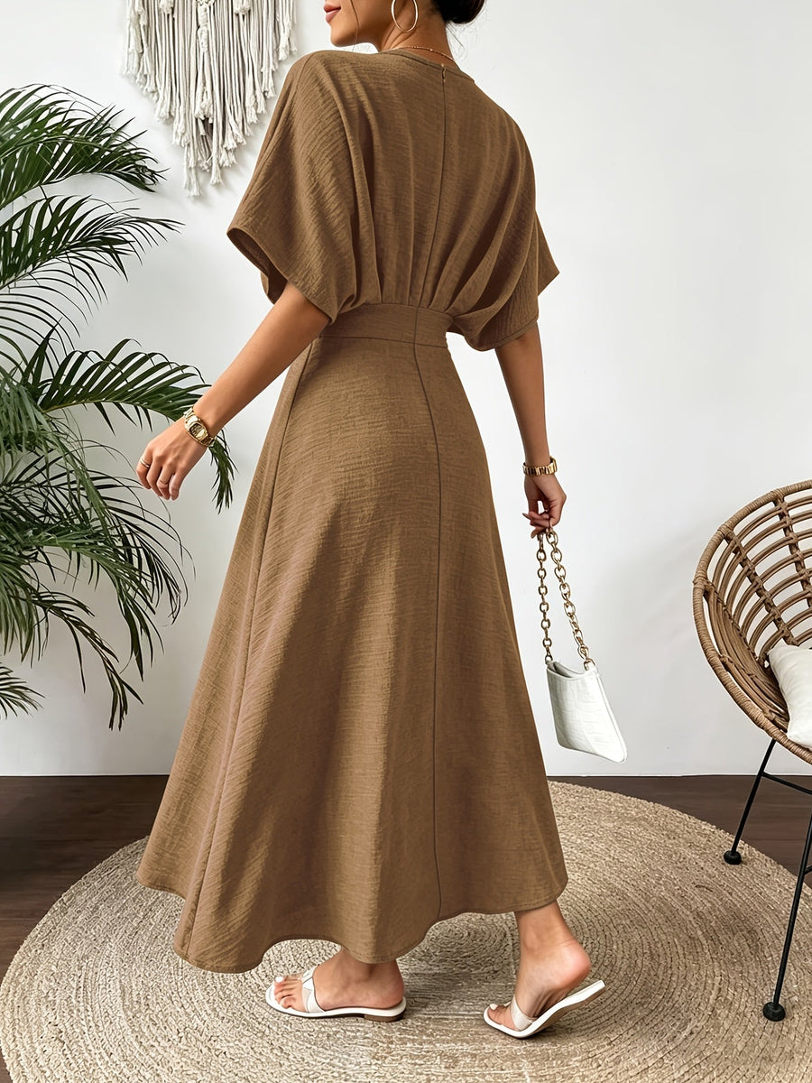 Damen Midi Kleid mit V-Ausschnitt & Fledermausärmeln, Tailliert, Grün