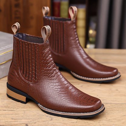 Herren Chelsea Boots mit Kroko-Muster, quadratischer Zehenkappe, Schwarz