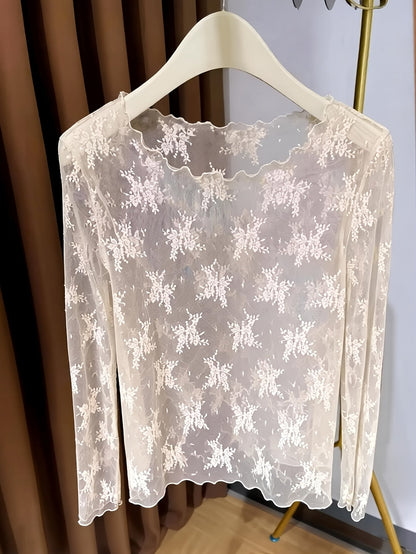 Damen Langarm Mesh-Top mit floraler Stickerei und femininen Details – Elegantes Statement für besondere Anlässe