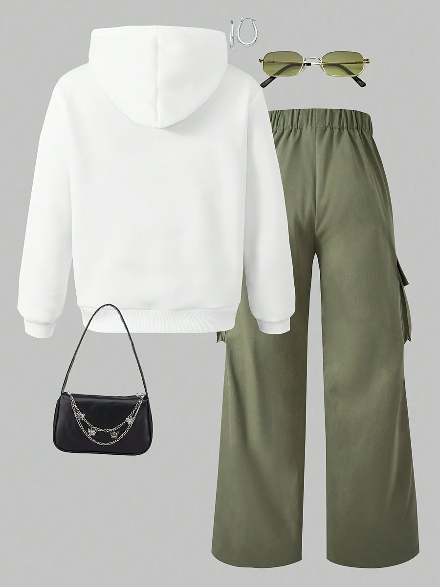 Damen Hoodie & Cargo-Hosen Set mit Aufdruck Weiß Grün