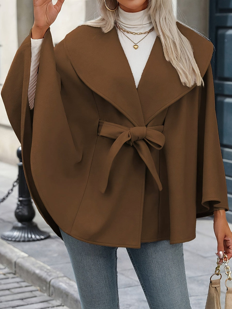 Damen Cape Mantel mit Bindegürtel, Wickelkragen und weitem Schnitt