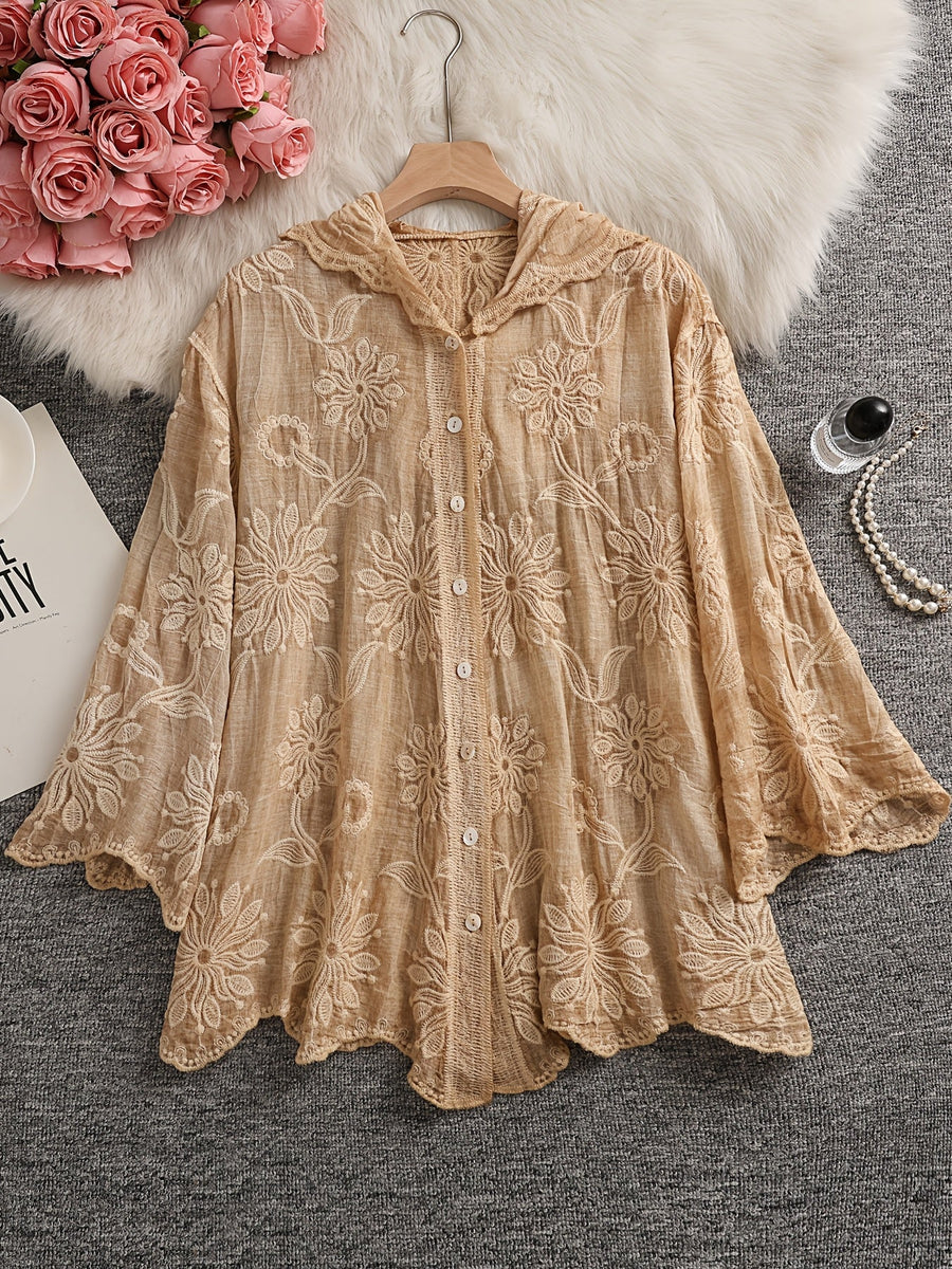 Damen Bestickte Bluse mit Kapuze, Langarm, Floral, Grün