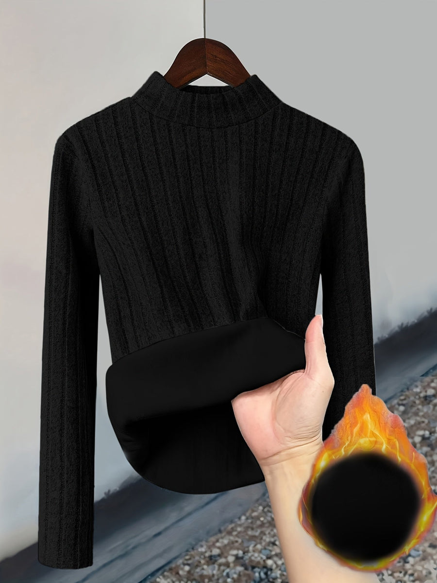 Gerippter Damen Pullover mit hohem Kragen und warmem Fleecefutter, Langarm, Slim Fit