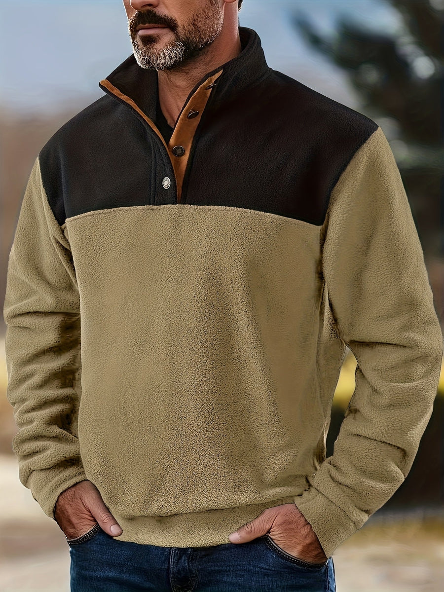 Herren Fleece Pullover mit Stehkragen und Knopfleiste - Zweifarbig