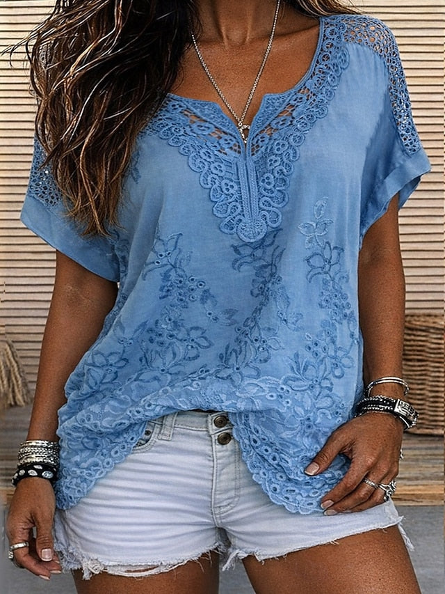 Damen Kurzarm Bluse mit Spitze & Stickerei V-Ausschnitt