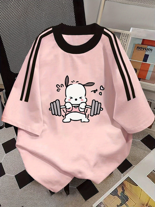 Damen Oversize Sport T-Shirt mit süßem Cartoon-Print und Streifen – Lässige Streetwear