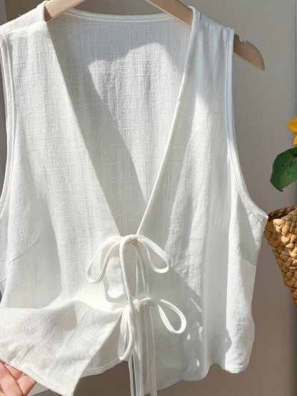 Damen ärmellose Weste mit Schleifen-Detail und V-Ausschnitt – Modische Layering-Weste für Freizeit und Alltag
