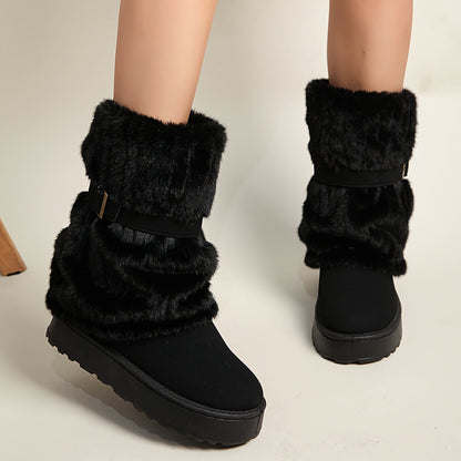 Damen Winterstiefel mit Kunstfell und Schnalle, gefüttert, in Beige, Braun und Schwarz