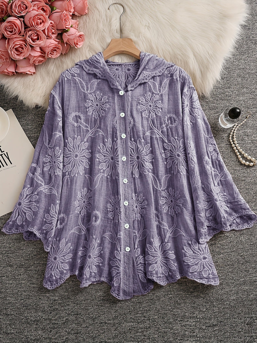 Damen Bestickte Bluse mit Kapuze, Langarm, Floral, Grün