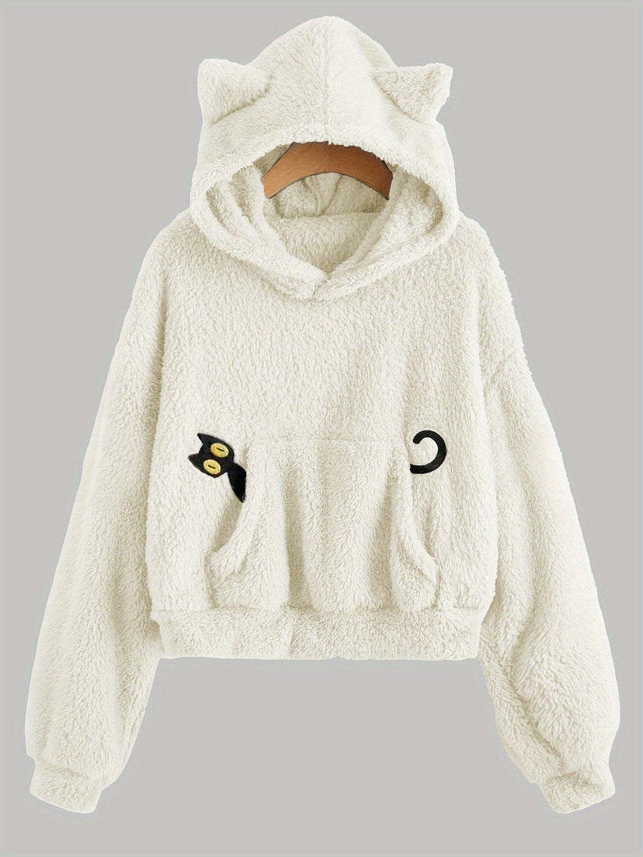 Flauschiger Kapuzenpullover mit Katzenohren und Kängurutasche für Damen