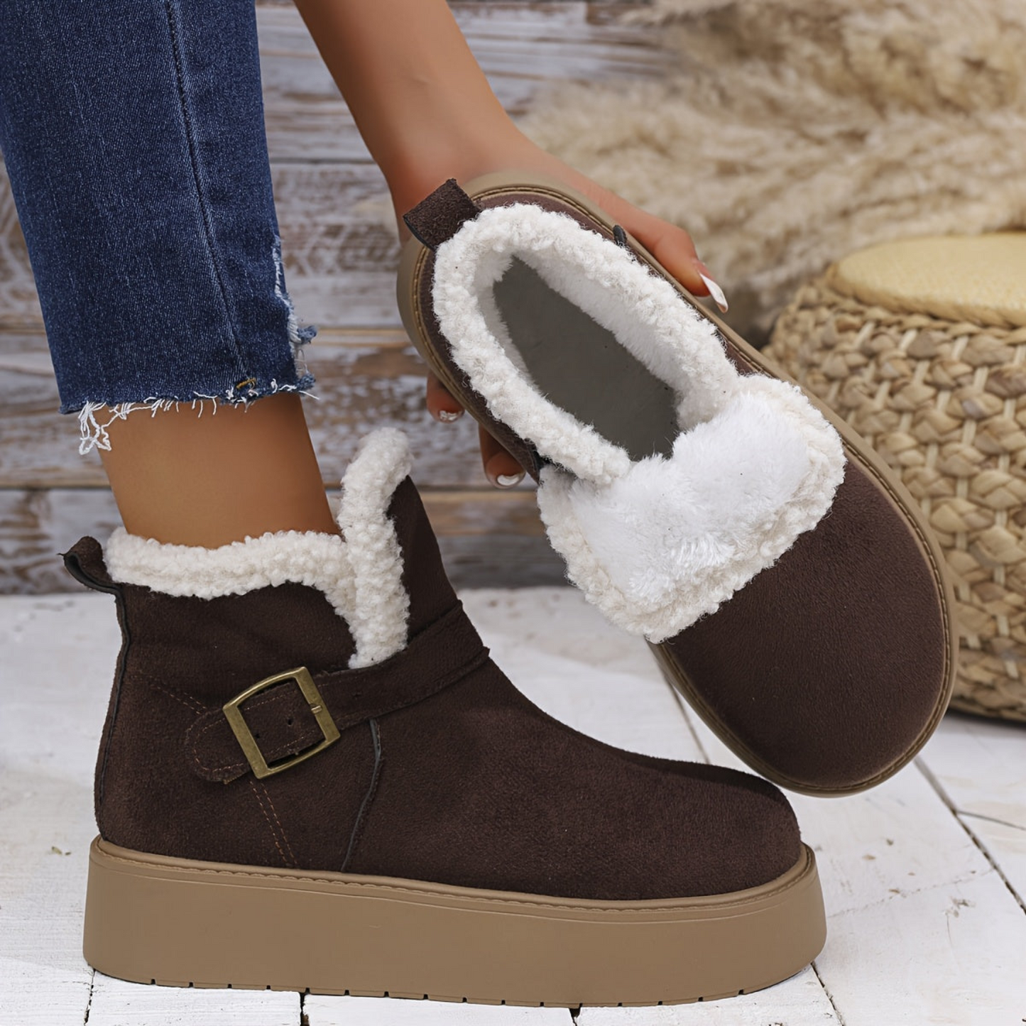 Damen Plateaustiefelette mit weichem Futter, Schnalle & dicker Sohle Schwarz