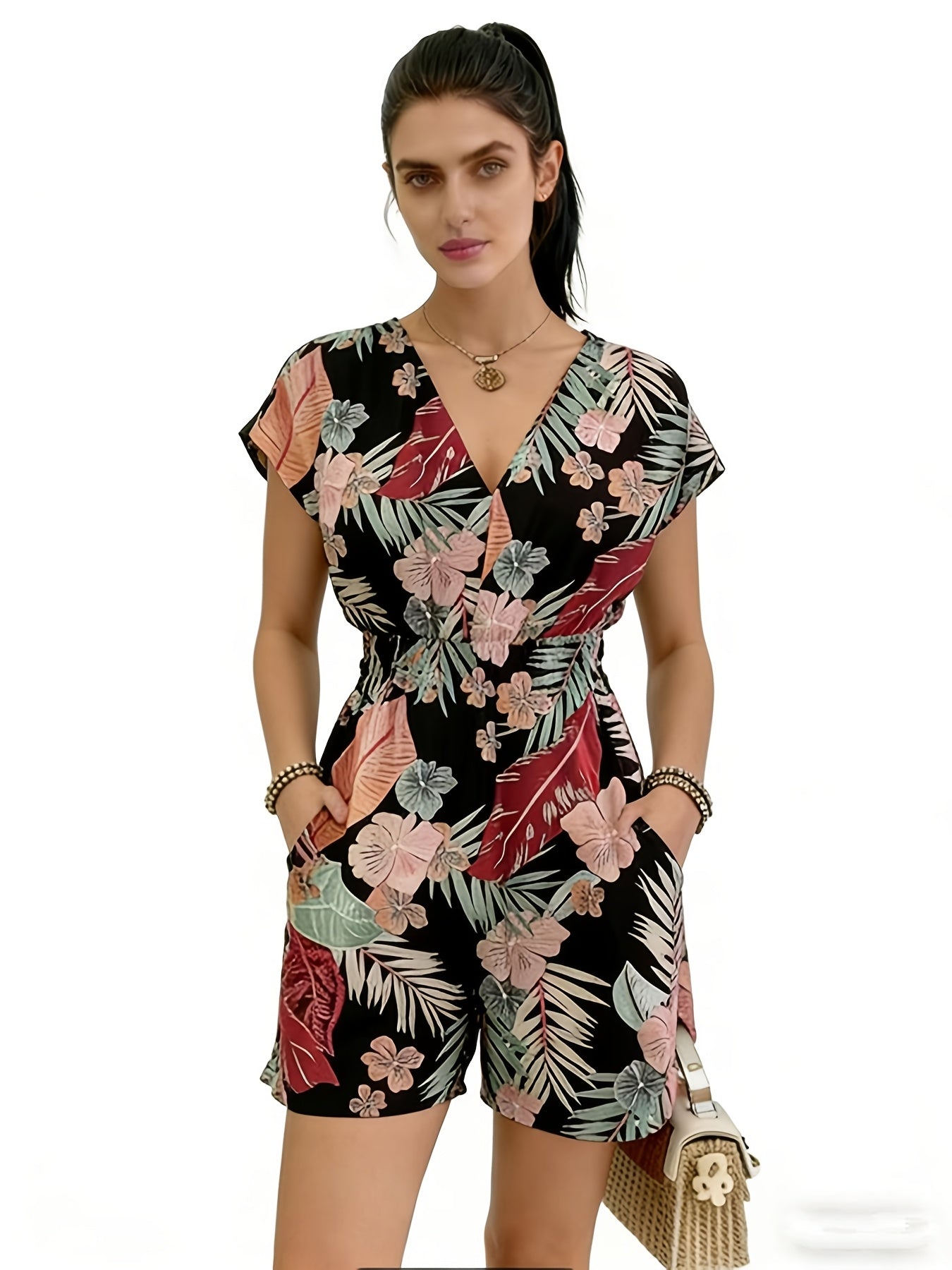 Damen Jumpsuit mit V-Ausschnitt und tropischem Print – Eleganter Freizeit Einteiler mit Taillenbetonung