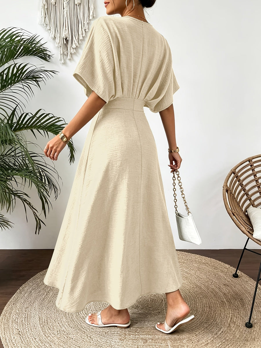 Damen Midi Kleid mit V-Ausschnitt & Fledermausärmeln, Tailliert, Grün