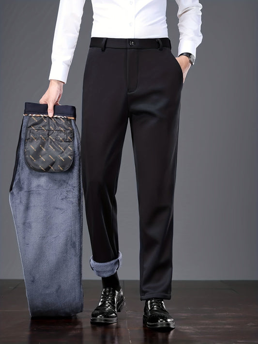 Herren Thermohose gefüttert Schwarz Slim Fit Warme Winterhose Anzughose