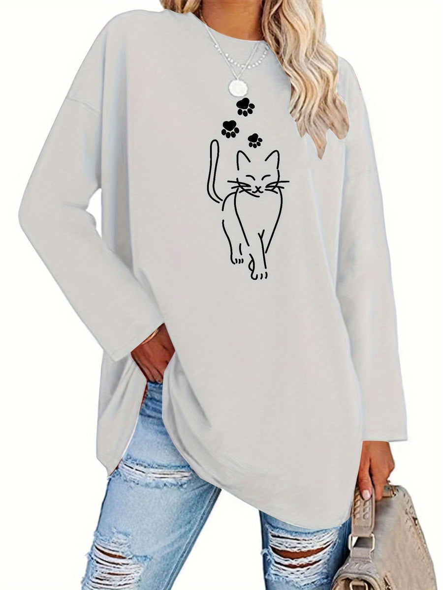 Damen Oversize Langarmshirt mit Katzenmotiv und Pfotenabdrücken