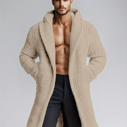 Herren Strickmantel mit Kapuze | Langer Bademantel in Waffelstruktur