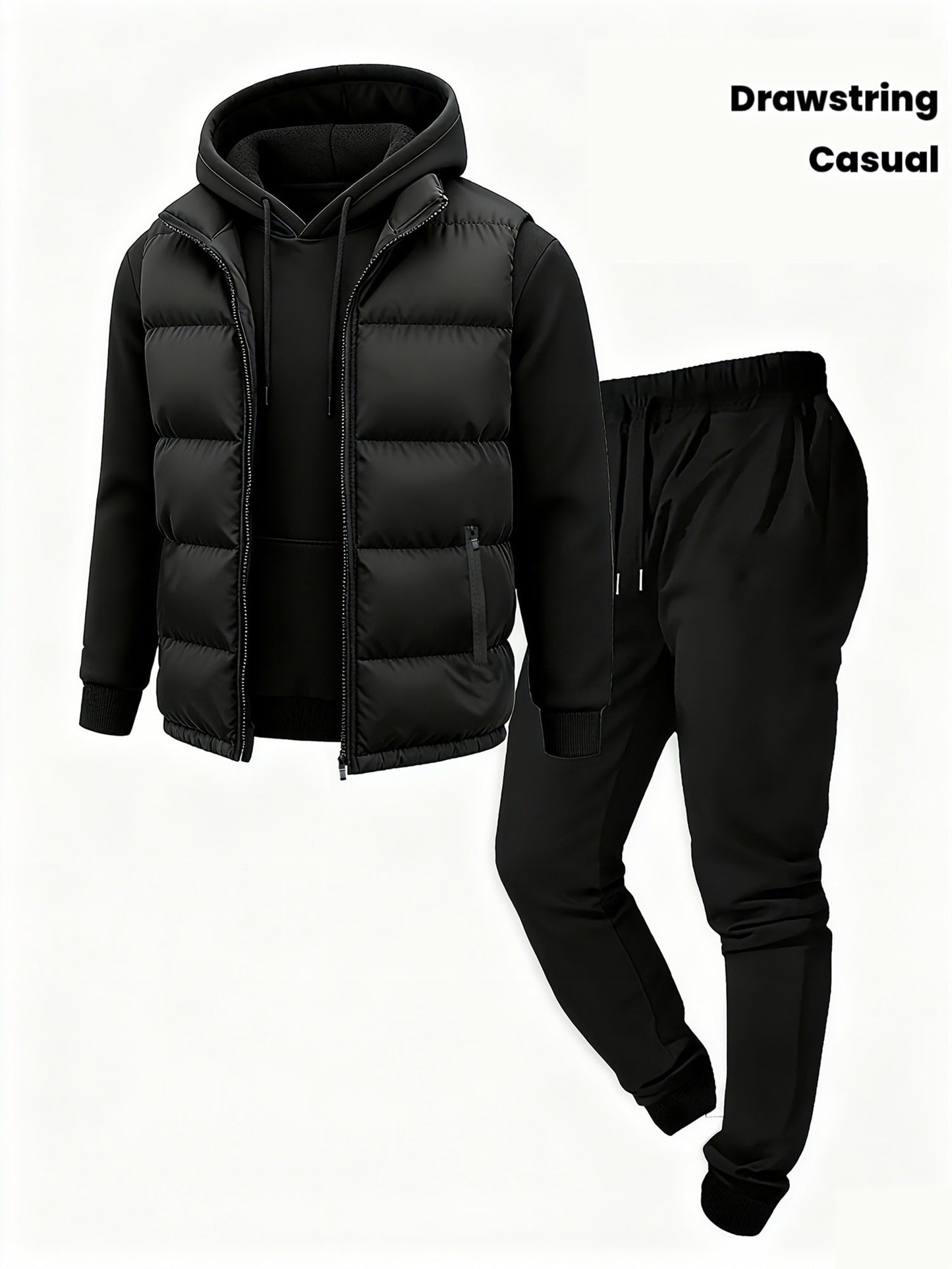 Herren Freizeit Anzug Set mit Steppweste, Kapuzenpullover und Jogginghose in Schwarz