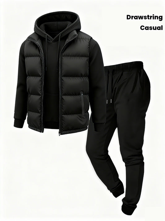 Herren Freizeit Anzug Set mit Steppweste, Kapuzenpullover und Jogginghose in Schwarz