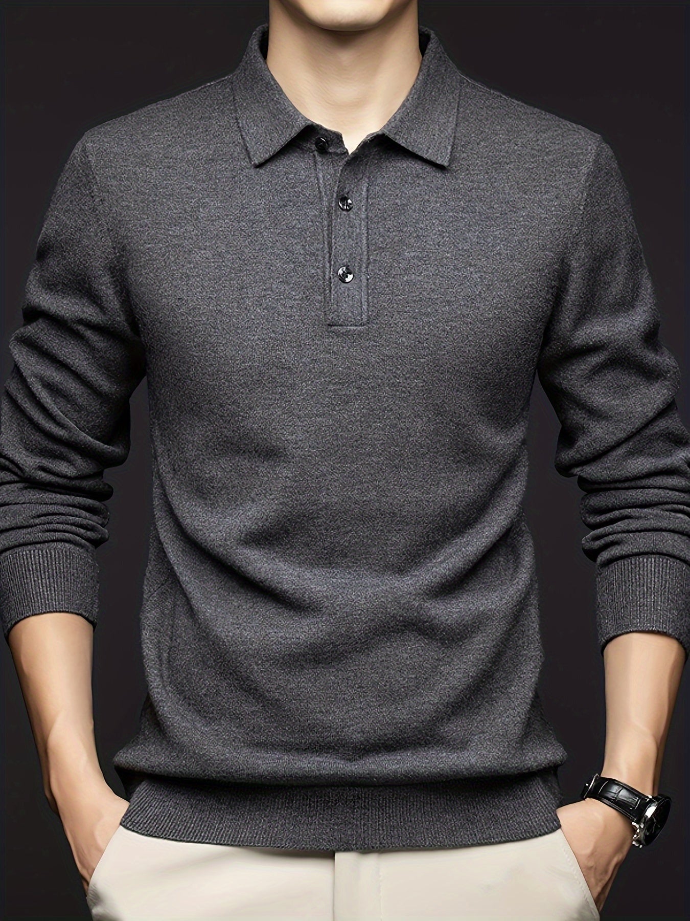 Herren Langarm Polohemd Strickpullover mit Knopfleiste