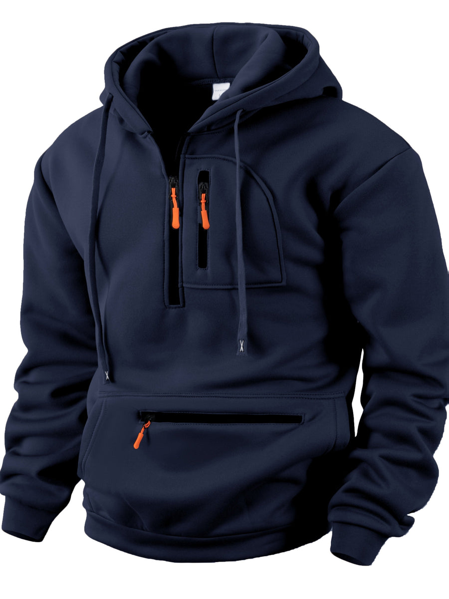 Herren Hoodie mit Reißverschluss und Bauchtasche, Kordelzug Kapuzenpullover