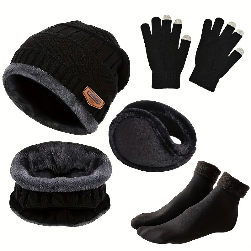 Winterset met muts, sjaal, handschoenen, oorwarmers en gebreide, gevoerde sokken, donkerblauw