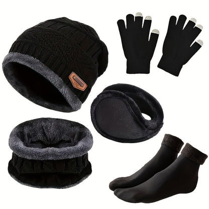Winterset met muts, sjaal, handschoenen, oorwarmers en gebreide, gevoerde sokken, donkerblauw