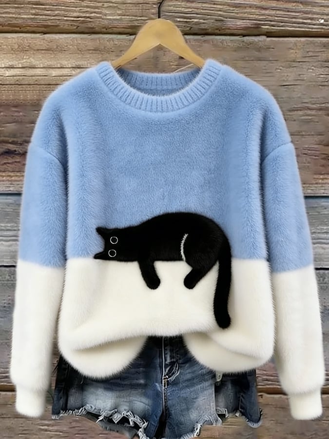 Weicher Damen Pullover mit Katze Rundhals Langarm Strickpullover Mehrfarbig