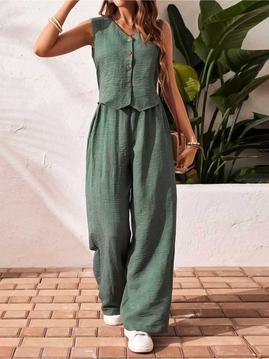 Damen Eleganter Zweiteiler Jumpsuit mit Weste und Weiten Hosen – Freizeit & Sommer Outfit