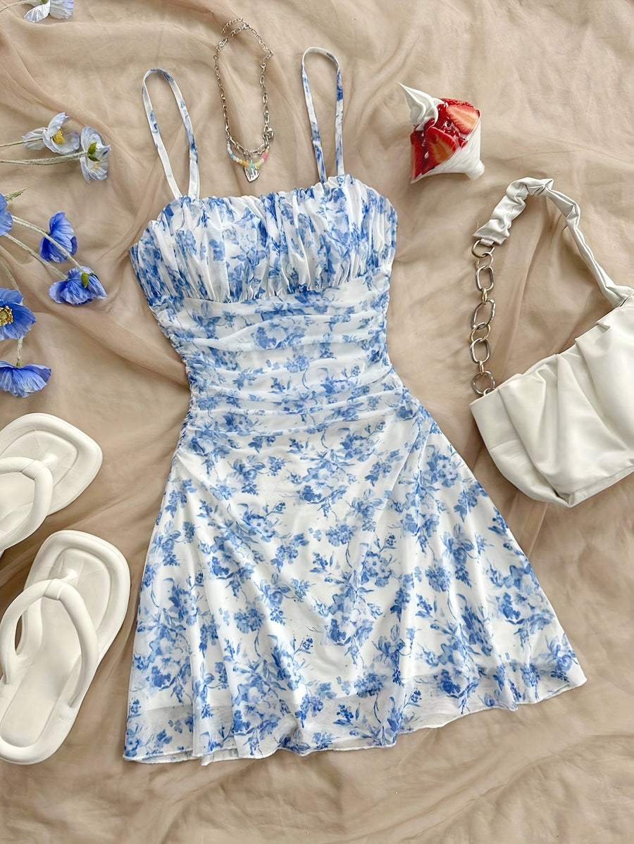 Damen Sommerkleid Elegant mit Spaghettiträgern und Blumenmuster – Perfekt für Alltag und Urlaub