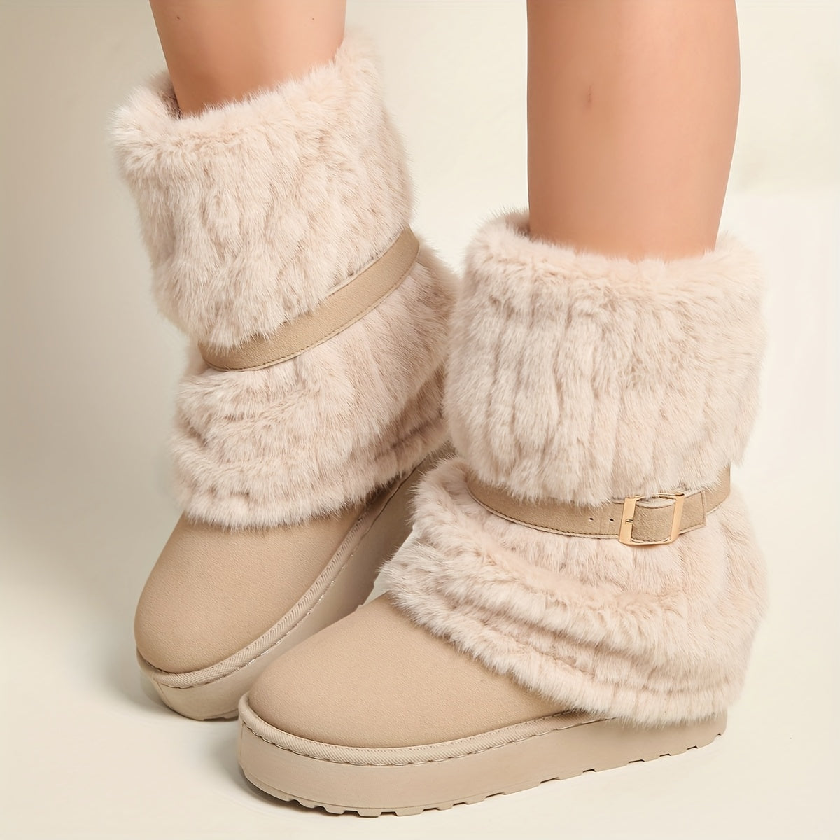 Damen Winterstiefel mit Kunstfell und Schnalle, gefüttert, in Beige, Braun und Schwarz