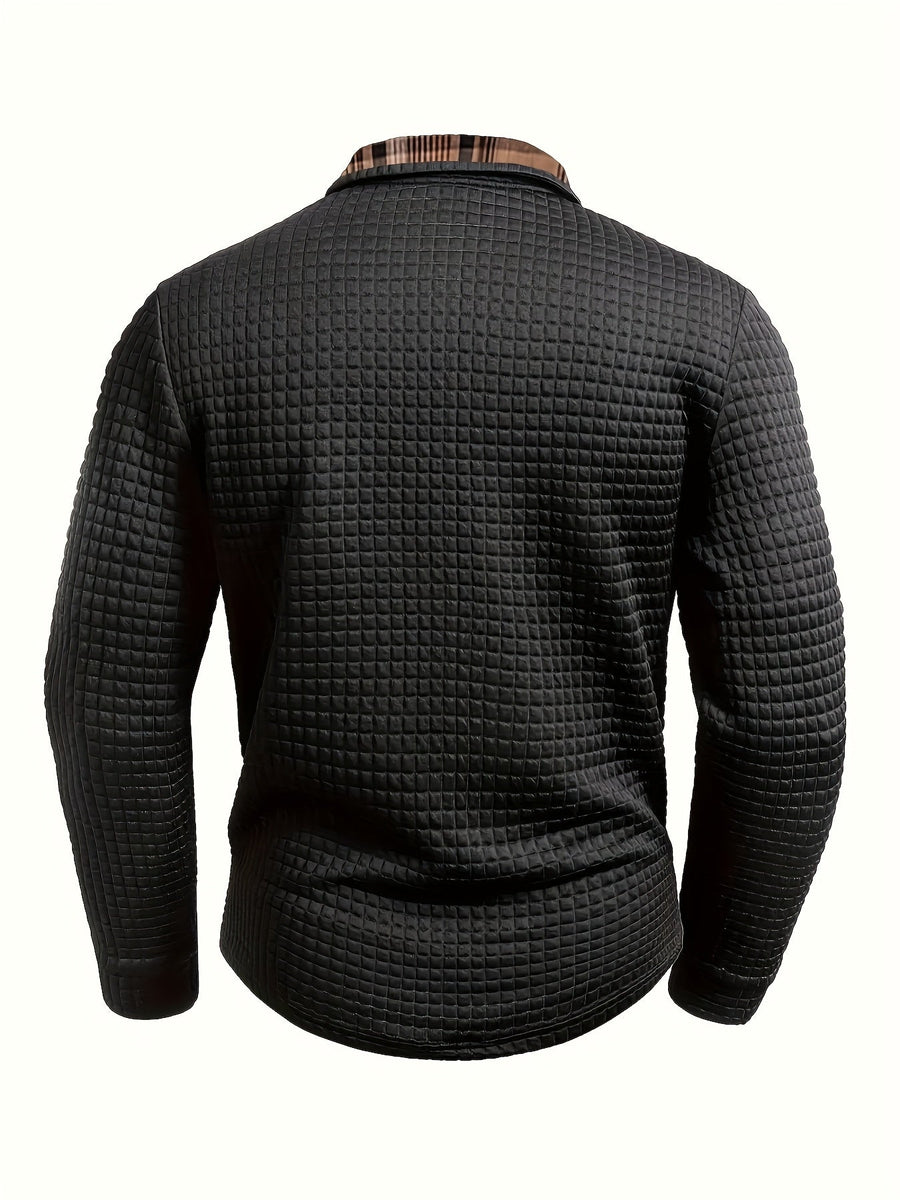 Herren Langarm-Poloshirt Waffelstruktur mit kariertem Kragen und Taschendetail
