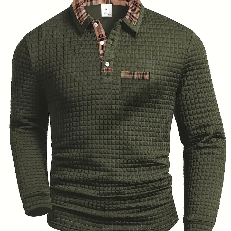 Herren Langarm-Poloshirt Waffelstruktur mit kariertem Kragen und Taschendetail