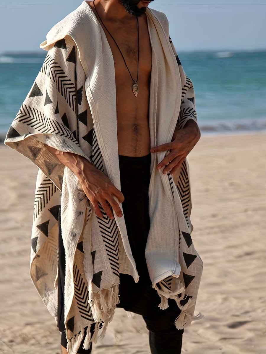 Herren Boho Poncho mit Kapuze und geometrischem Muster – Strand & Festival Überwurf