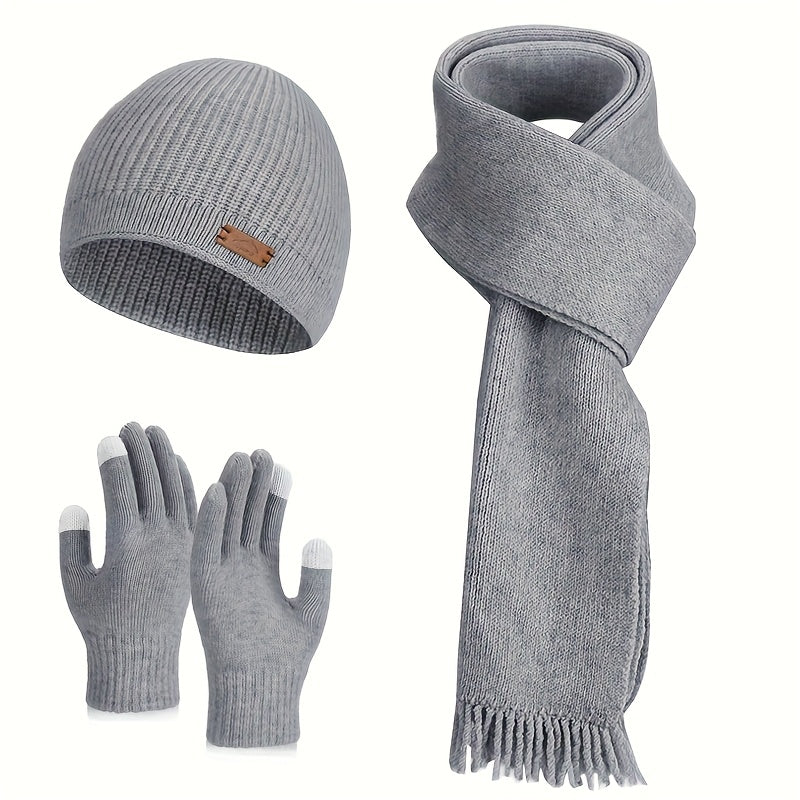 Unisex Winter Set Strickmütze Schal Handschuhe Touchscreen