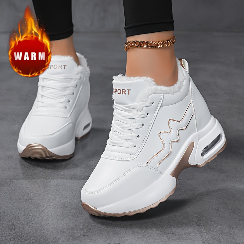 Damen Plateausneaker Weiß mit Faux-Fur Futter und Zierstreifen