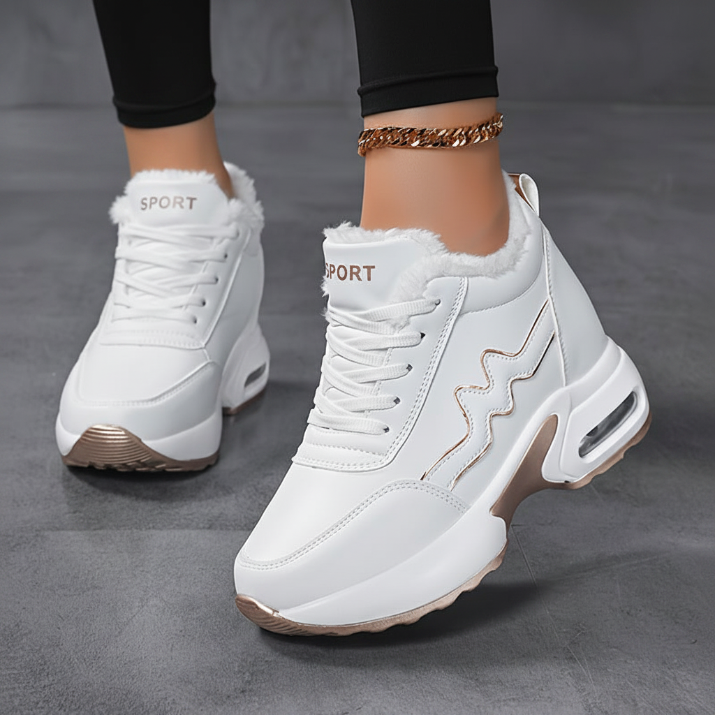 Damen Plateausneaker Weiß mit Faux-Fur Futter und Zierstreifen