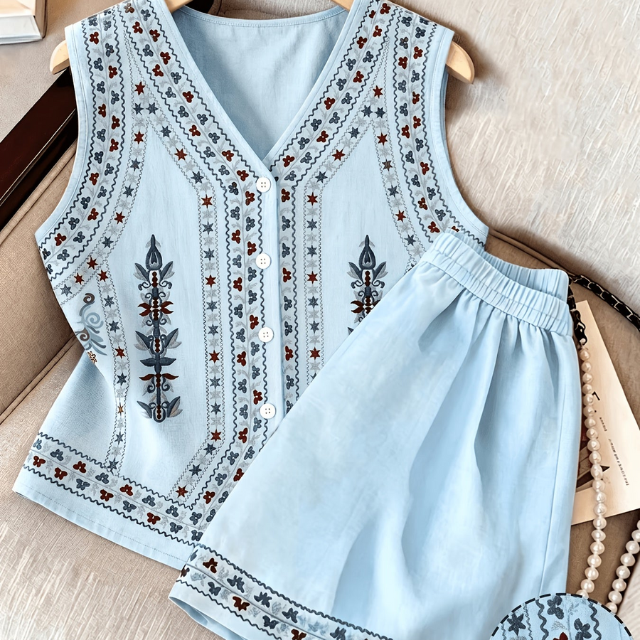 Damen Zweiteiler Weste & Shorts Set mit V-Ausschnitt und Stickerei – Ärmelloses Oberteil & Elastische Taille Shorts