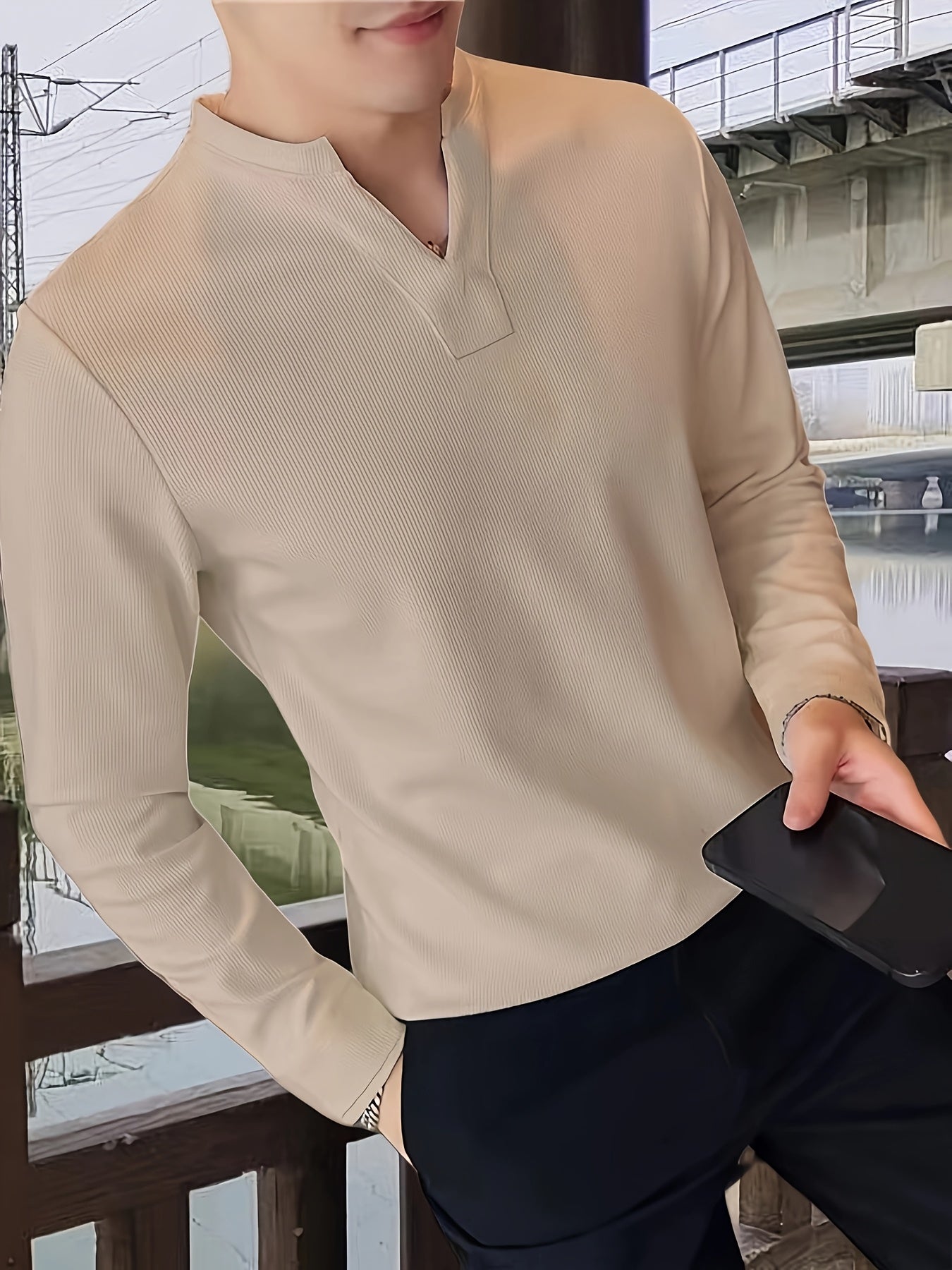 Herren Langarmshirt Henley Kragen Rippstruktur V-Ausschnitt Freizeit Business