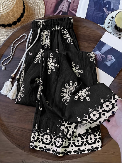 Damen Palazzo-Hose mit Boho-Stickerei und weitem Bein – Eleganter Freizeit-Look