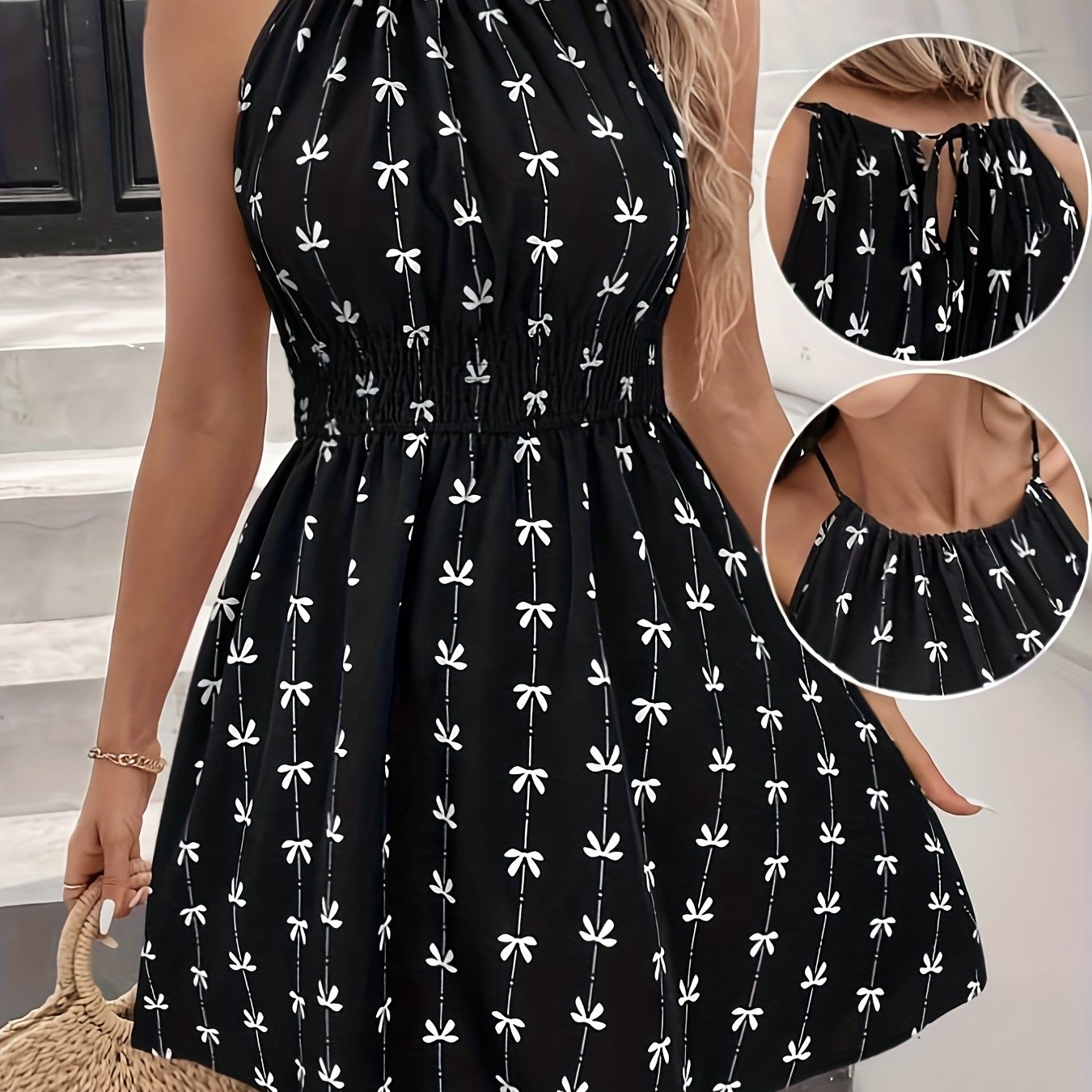 Damen A-Linien-Kleid mit Schleifenmuster und Neckholder – Elegantes Freizeitkleid