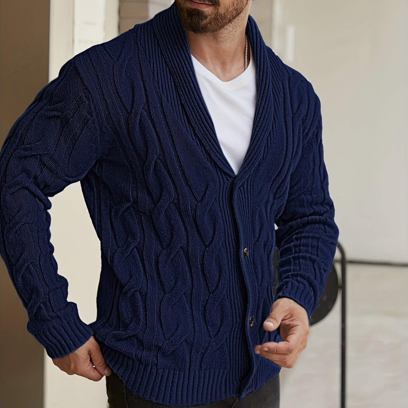 Herren Strickjacke Schalkragen Zopfmuster Knöpfe