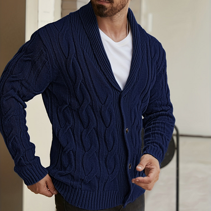 Herren Strickjacke Schalkragen Zopfmuster Knöpfe