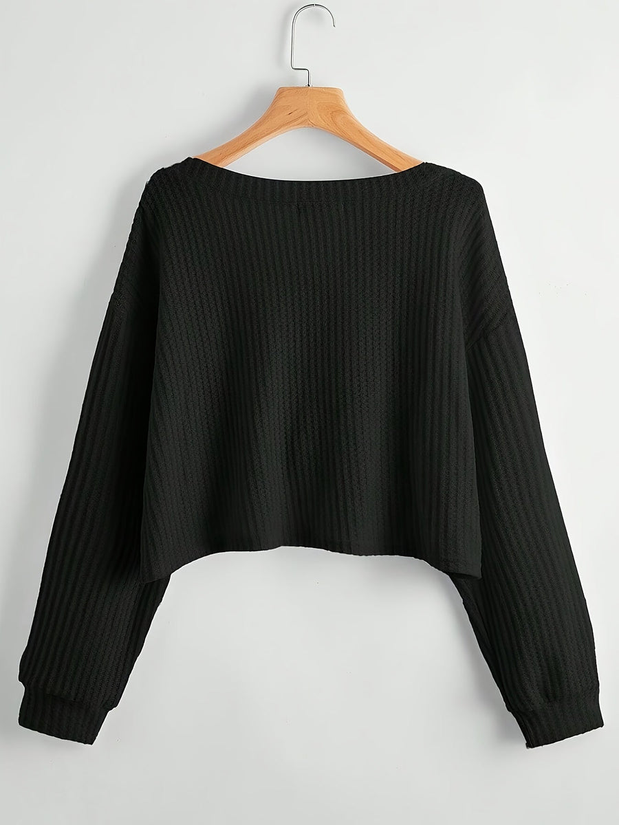 Damen Crop Top Strickpullover V-Ausschnitt Waffelstruktur Langarm
