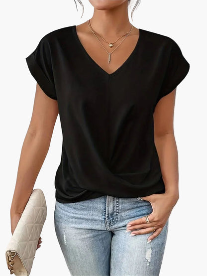 Damen Kurzarm V-Ausschnitt Casual Bluse – Elegantes Freizeitshirt mit modischem Twist-Detail