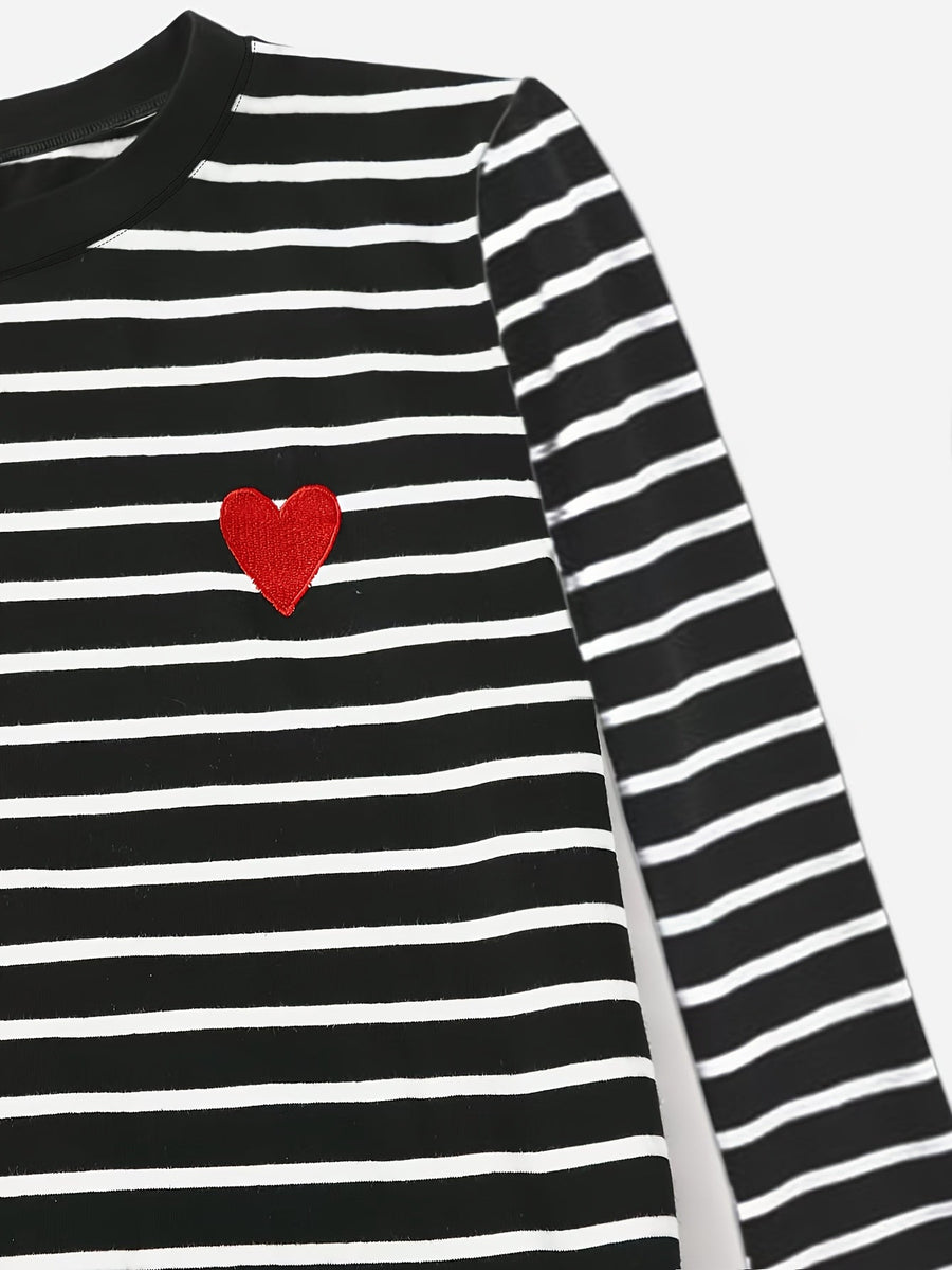Langarmshirt Damen gestreift mit rotem Herz-Patch Schwarz Weiß