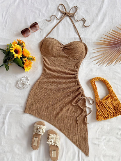 Damen Bodycon Kleid mit Neckholder und asymmetrischem Saum – Elegantes Partykleid für Urlaub & Abende