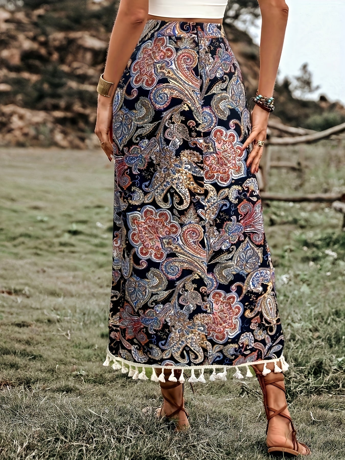 Damen Midirock Boho Wickelstil mit Paisley-Muster und Quasten für Freizeit und Festivals