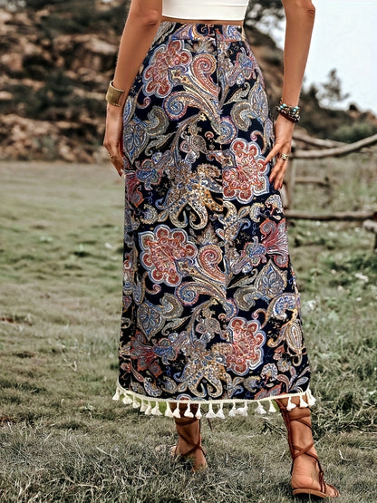 Damen Midirock Boho Wickelstil mit Paisley-Muster und Quasten für Freizeit und Festivals