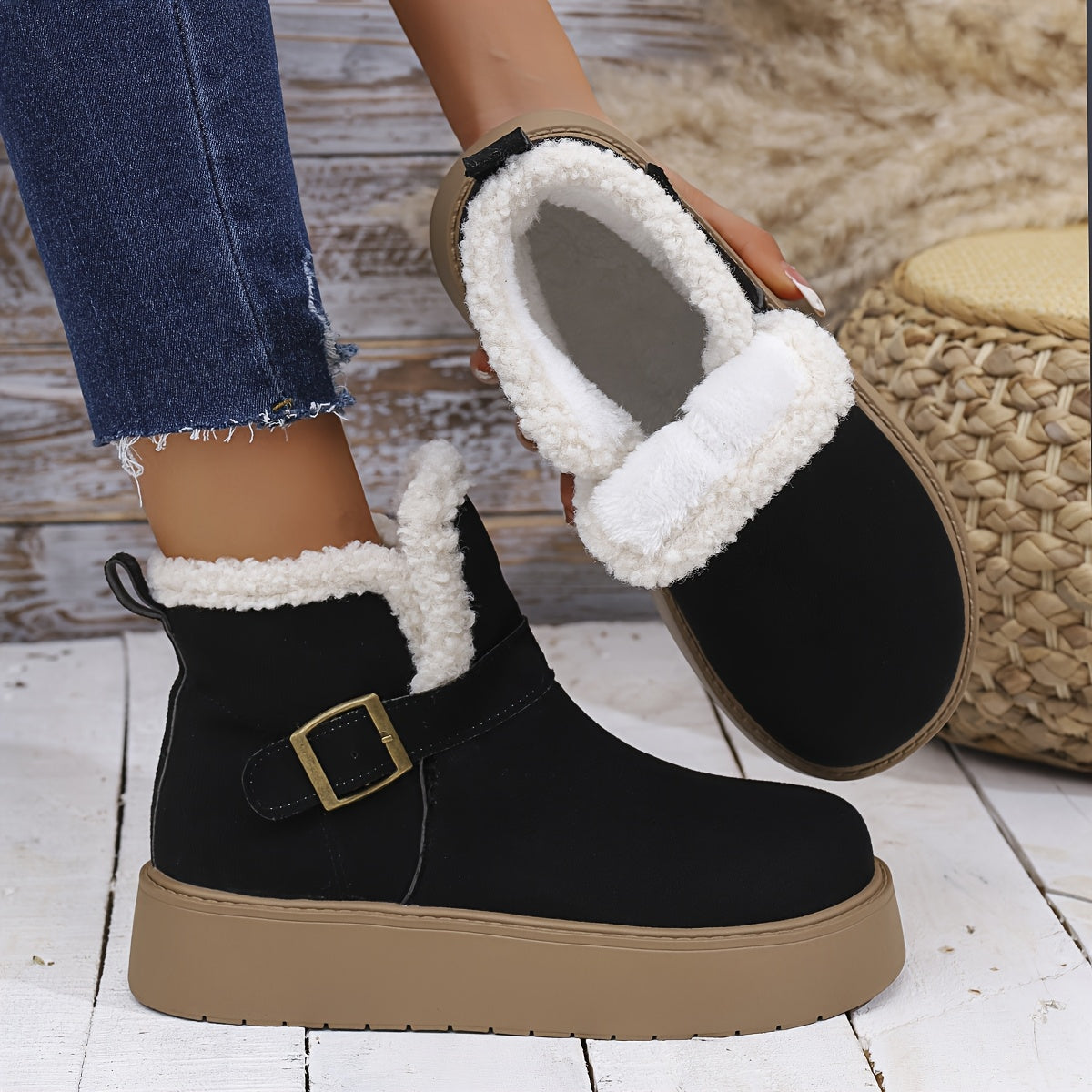 Damen Plateaustiefelette mit weichem Futter, Schnalle & dicker Sohle Schwarz