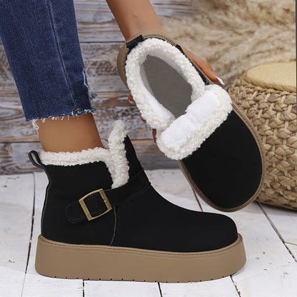 Damen Plateaustiefelette mit weichem Futter, Schnalle & dicker Sohle Schwarz